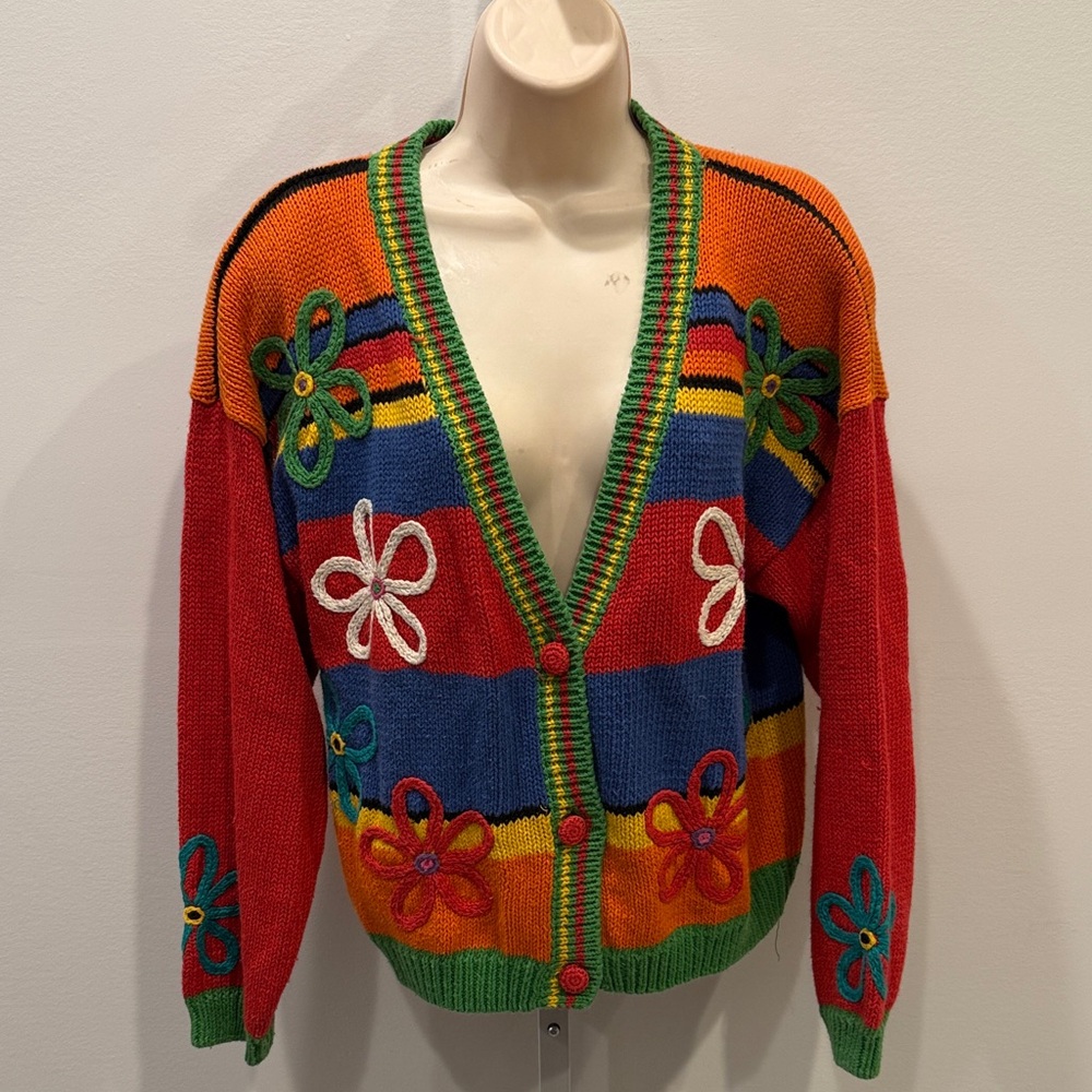 Best American Clothing Floral Women's Cardigan Size L Vintage Chunky Knit Grunge